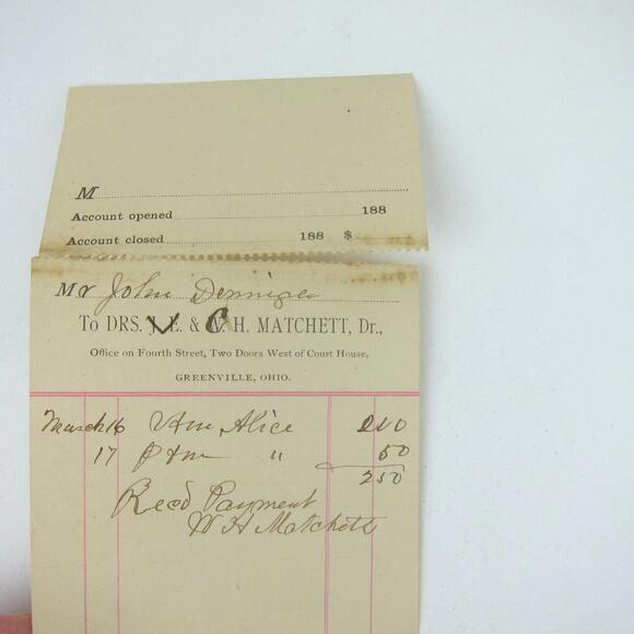 Payment Receipt Dr. W.H. Matchett Greenville Ohio John Dininger Antique 1880s - Picture 9 of 12